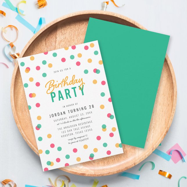 Any Age Orange Pink Teal Confetti Birthday Party Invitation (Creator Uploaded)