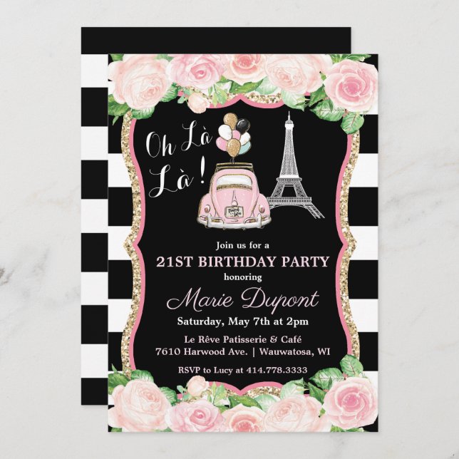 ANY AGE - Paris Travel Theme Birthday Invitation (Front/Back)