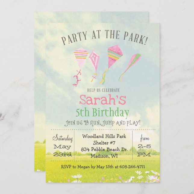ANY AGE Party at the Park Kite Birthday Invitation (Front/Back)