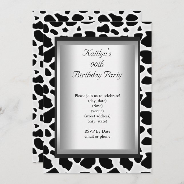 Any Age Party Birthday Black White Cow Animal Skin Invitation (Front/Back)