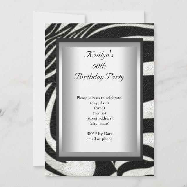 Any Age Party Birthday Black White Zebra Animal Invitation (Front)