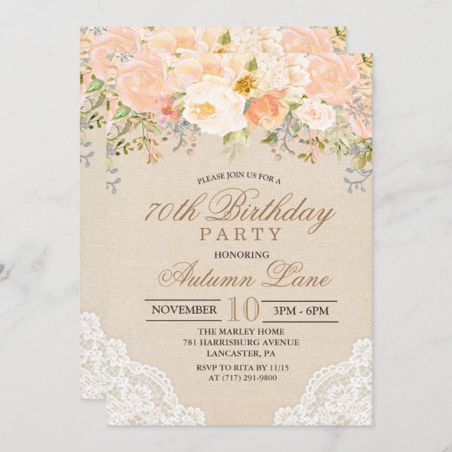 ANY AGE - Peach Floral Lace Birthday Invitation (Front/Back)