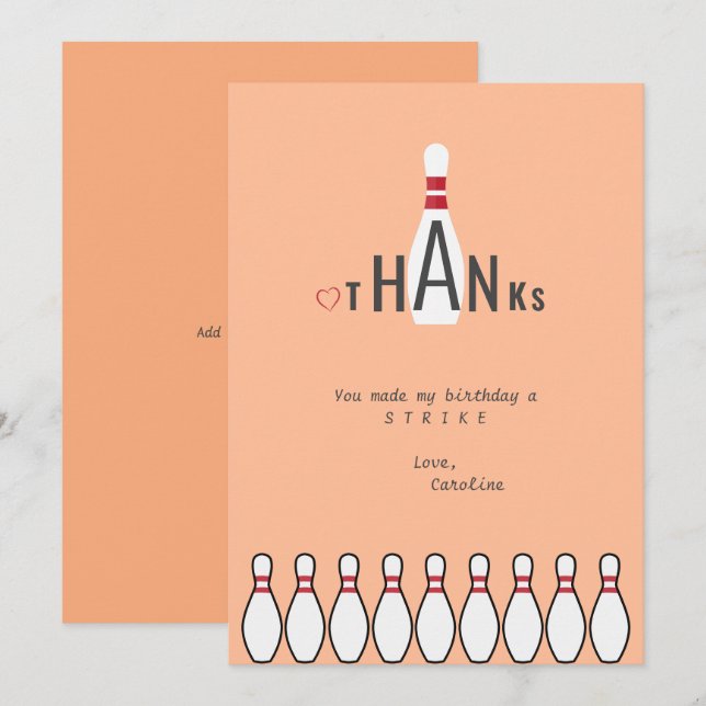 Any Age Peach Fuzz Modern Bowling Birthday Party Thank You Card (Front/Back)