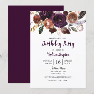 Any Age Peach & Purple Cute Floral Birthday Party Invitation