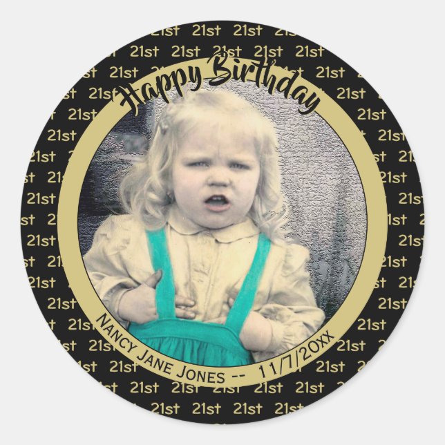Any Age, Photo Birthday Number Pattern Gold/Black Classic Round Sticker (Front)