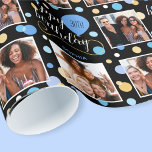 Any Age Photo Collage Birthday Balloon Blue 30th Wrapping Paper<br><div class="desc">Create a stylish photo collage gift wrap! Personalize the template with three favorite photos, the recipient's name, and birthday age. A fun design featuring round confetti, balloons, and "Happy Birthday" in a trendy script. This seamless design features a grid of square photographs, perfect for family, kids, friends, and pets! Printed...</div>