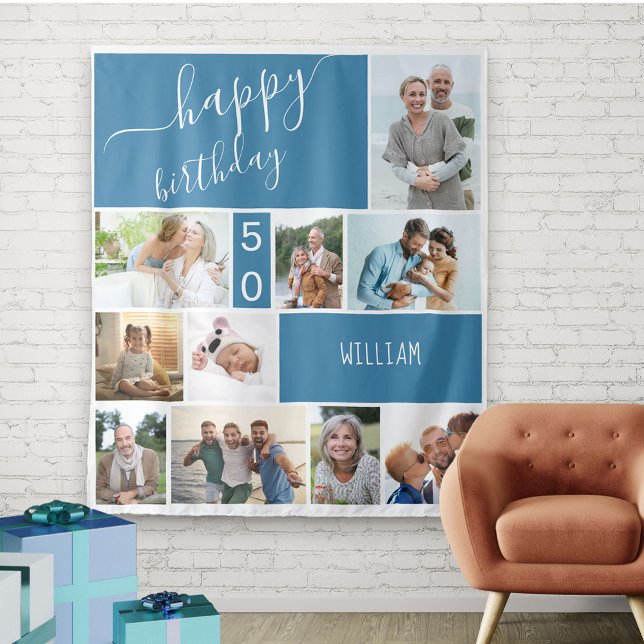 Any Age Photo Collage Personalised Blue Tapestry (Creator Uploaded)