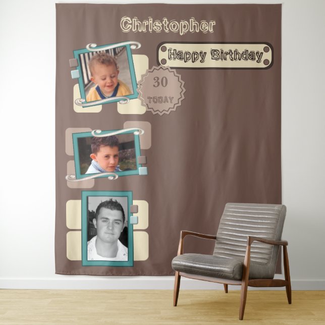 Any age photos 30th brown party backdrop tapestry (In Situ)