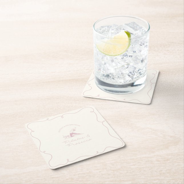 Any age pilates and prosecco birthday square paper coaster (Insitu)