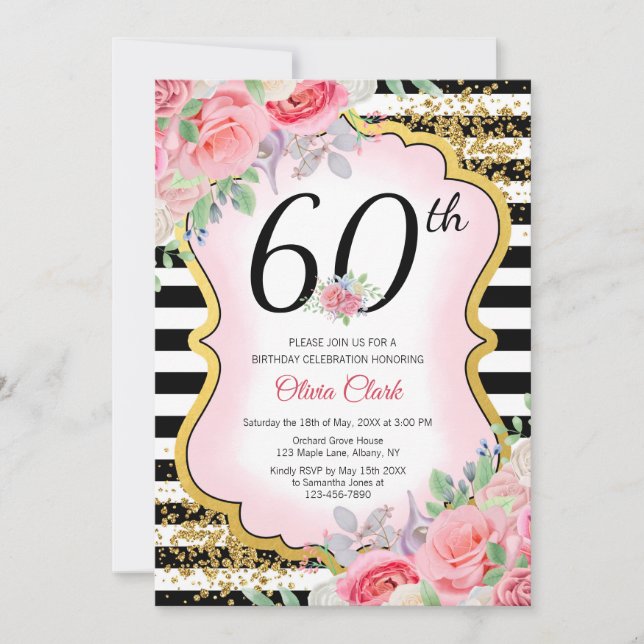Any Age Pink Floral Gold Glitter Invitation (Front)