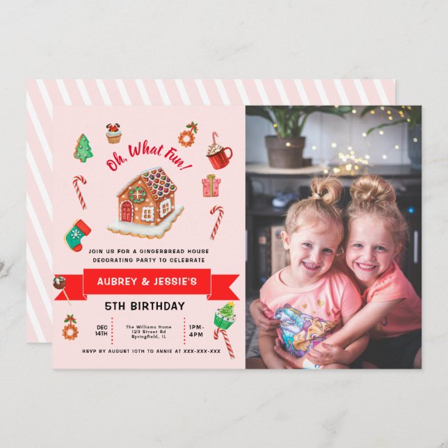 Any Age Pink Gingerbread House Christmas Birthday  Invitation (Front/Back)
