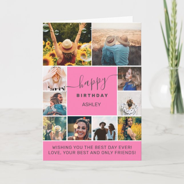 Any age pink simple birthday 10 photo collage grid card (Front)