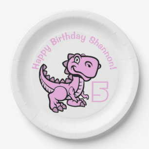 Any Age Pink T Rex Dinosaur Birthday Paper Plate