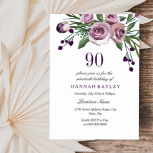 Any Age Purple Plum Rose 90th Birthday Invitation
