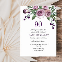 Any Age Purple Plum Rose 90th Birthday Invitation