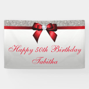 Any Age Red Bow Silver Sequins Birthday Banner
