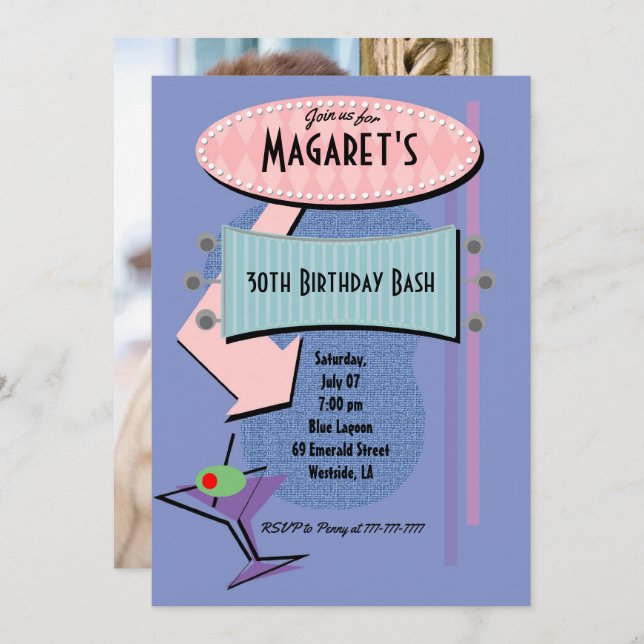 ANY AGE Retro Birthday Cocktail Party add photo Invitation (Front/Back)