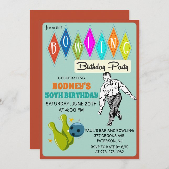 ANY AGE - Retro Bowling Birthday Invitation (Front/Back)