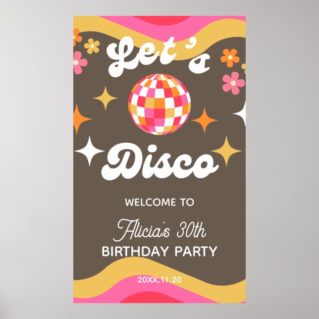 Any Age Retro Groovy 70s Let's Disco Birthday Poster (Front)