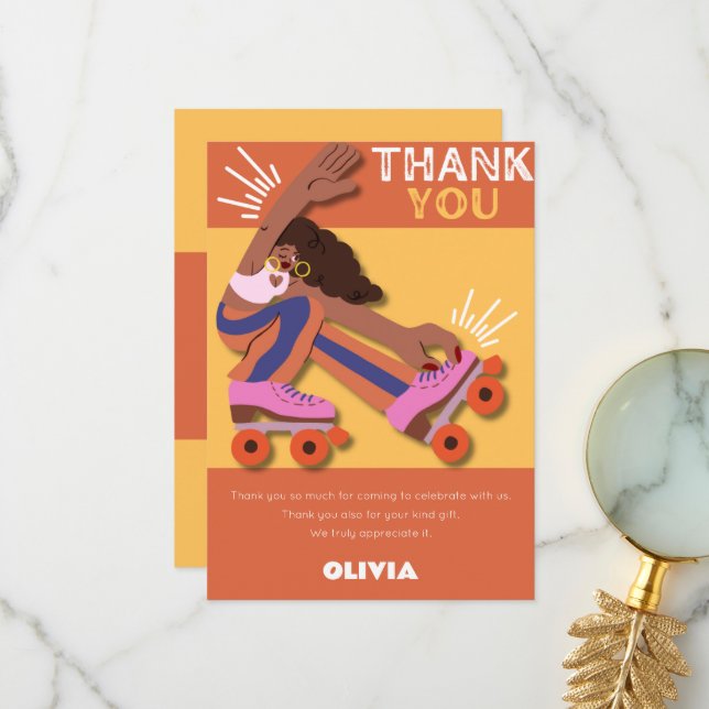 Any age retro roller skate girl birthday  thank you card (Front/Back In Situ)