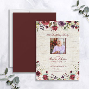 Any Age Rustic Burgundy Floral Photo Birthday Invitation