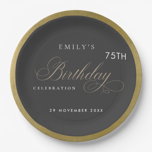 ANY AGE SIMPLE BLACK GOLD TYPOGRAPHY BIRTHDAY PAPER PLATE (Front)