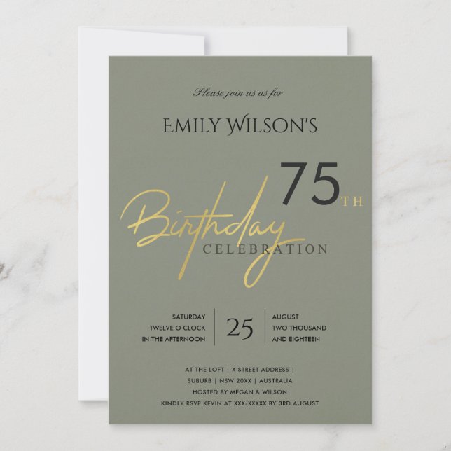 ANY AGE SIMPLE GREY GOLD TYPOGRAPHY BIRTHDAY INVITATION (Front)