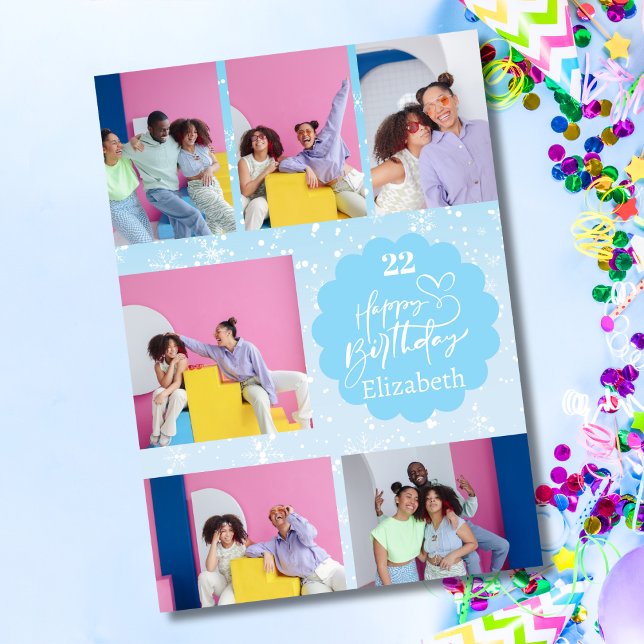 Any Age Snowy Blue 7 Photo Collage Birthday Card (Creator Uploaded)
