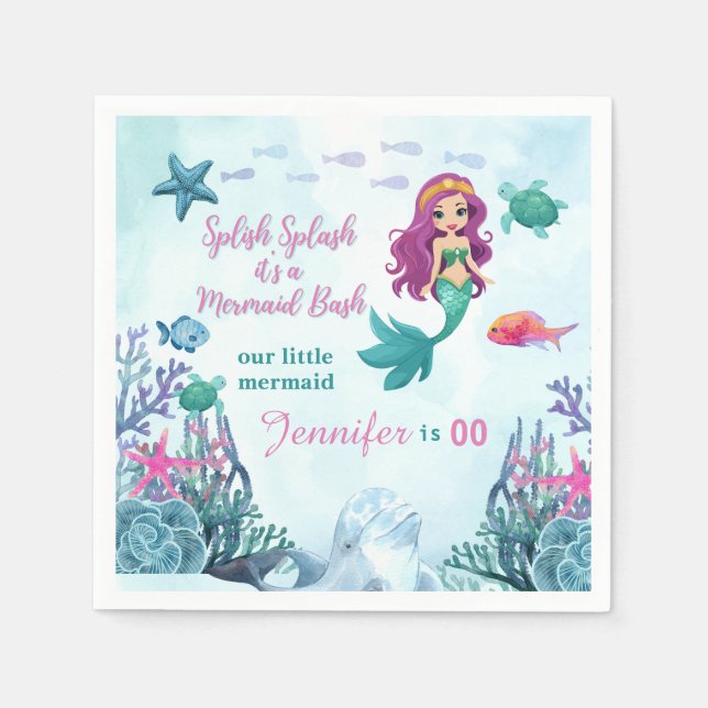 Any Age Splish Splash Bash Mermaid Girls Birthday  Napkin (Front)