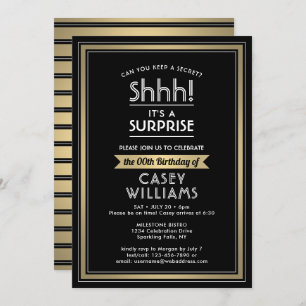 Any Age Surprise Birthday Black Gold White 50th Invitation