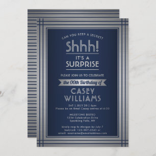 Any Age Surprise Birthday Elegant Navy Blue Silver Invitation