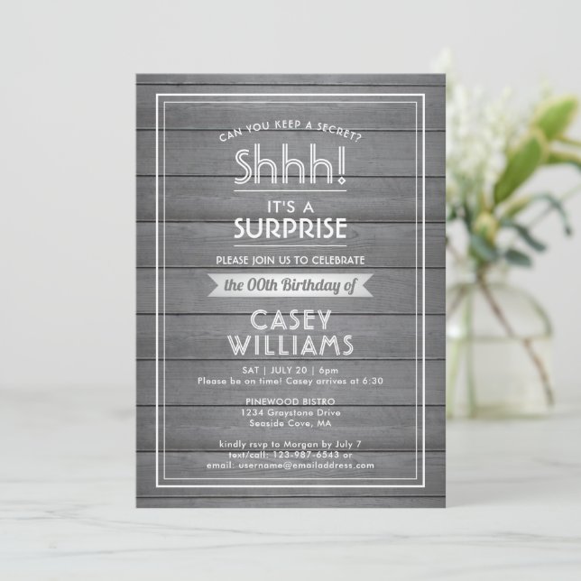Any Age Surprise Birthday Grey Faux Wood Rustic Invitation (Standing Front)