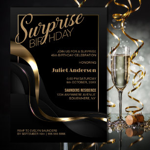 Any Age Surprise Black Gold Birthday Party Invitation