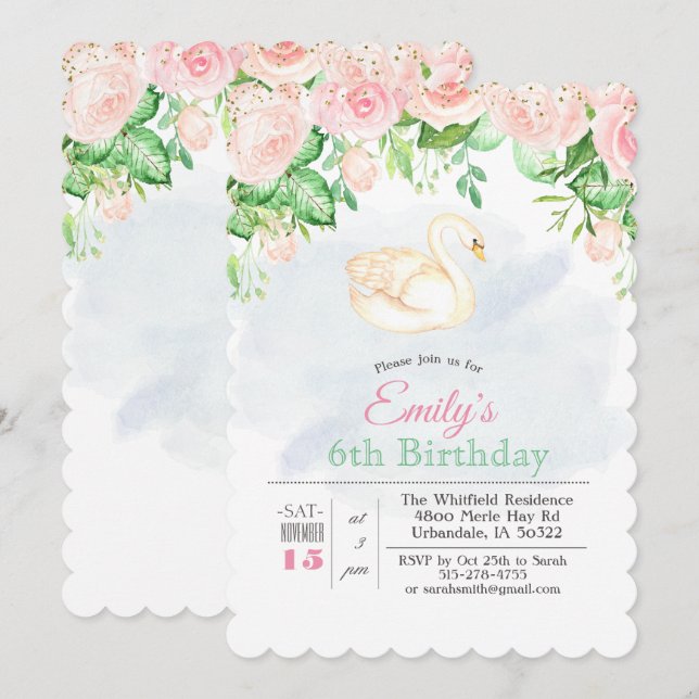 ANY AGE - Swan Floral Girl Birthday Invitation (Front/Back)