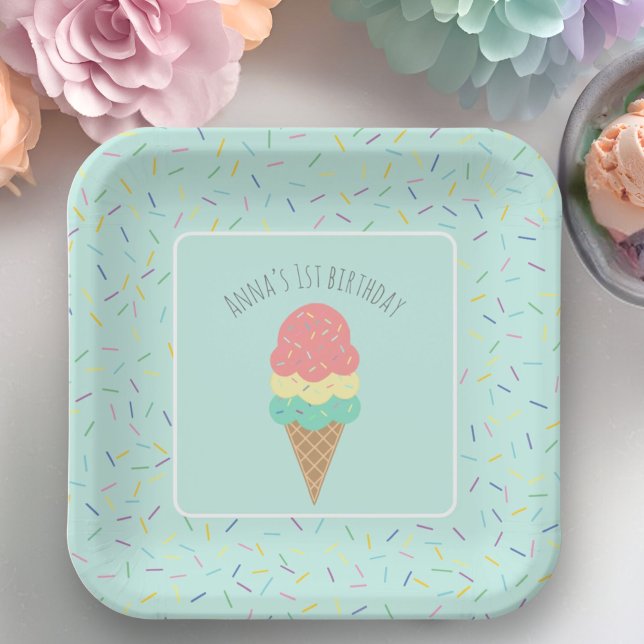Any Age sweet one pink ice cream cone 1st birthday Paper Plate (Creator Uploaded)