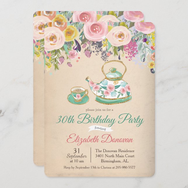 ANY AGE - Tea Party Floral Birthday Invitation (Front/Back)