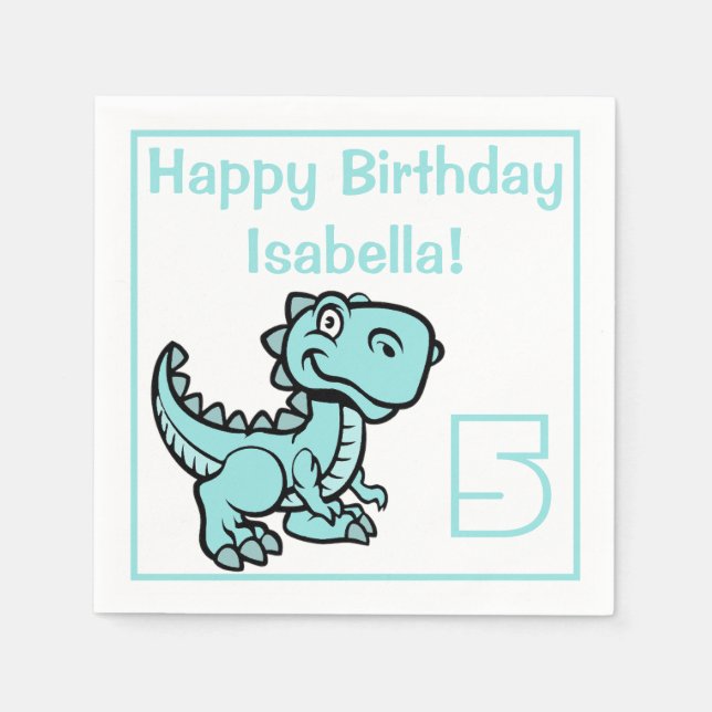 Any Age Teal T Rex Dinosaur Birthday Napkin (Front)