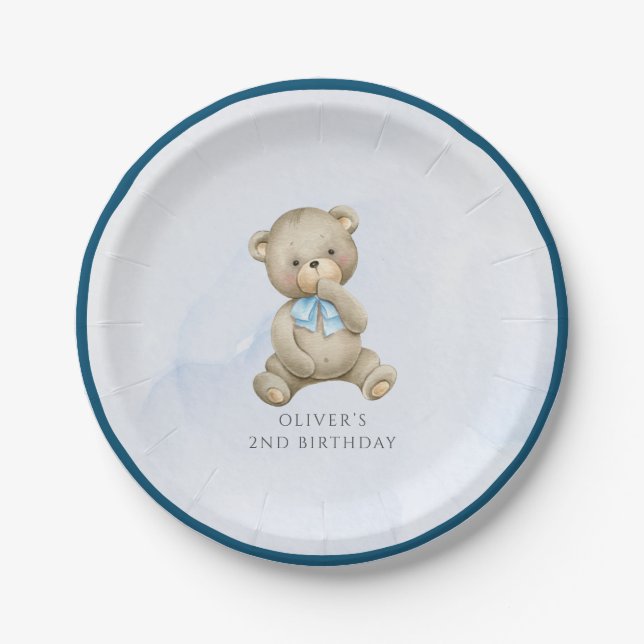 Any age teddy bear boy birthday  paper plate (Front)