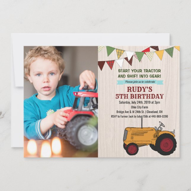 ANY AGE -  Tractor Birthday Photo Invitation (Front)