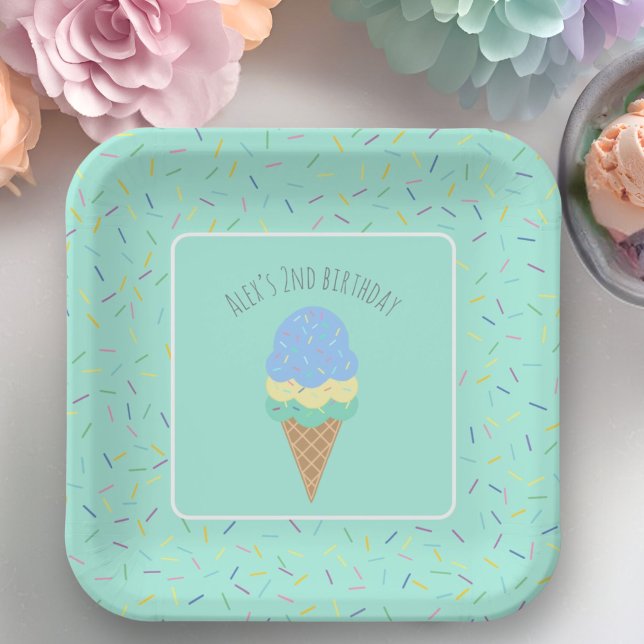 Any Age two sweet blue ice cream cone 2nd birthday Paper Plate (Creator Uploaded)