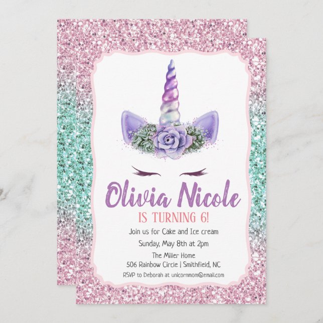 ANY AGE - Unicorn Glitter Birthday Invitation (Front/Back)