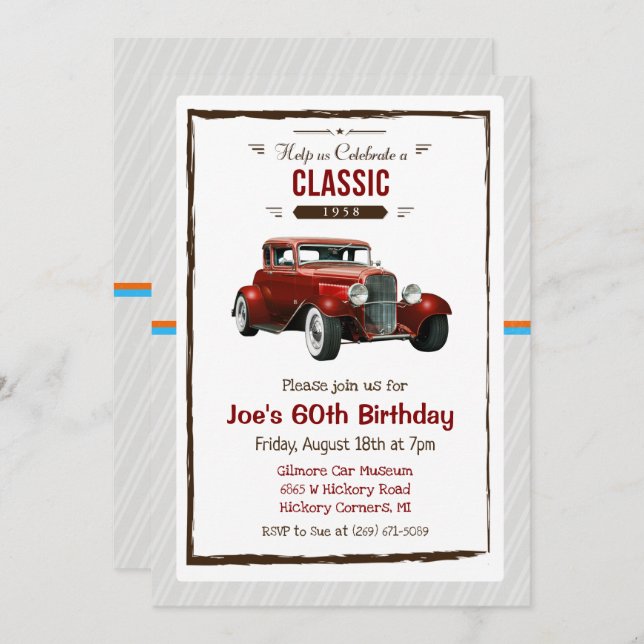 ANY AGE - Vintage Classic Car Birthday Invitation (Front/Back)