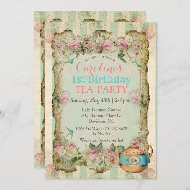 ANY AGE - Vintage Floral Tea Birthday Invitation (Front/Back)