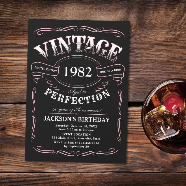 Any Age Vintage Whiskey Themed Birthday Invitation (Pink Any Age Whiskey themed surprise 50th birthday Invitation)