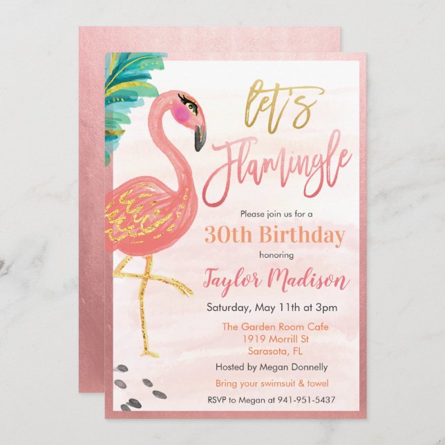 ANY AGE - Watercolor Flamingo Birthday Invitation (Front/Back)
