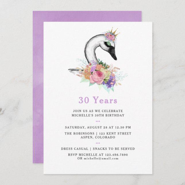 Any Age Watercolor Swan Floral Birthday Party Invitation (Front/Back)