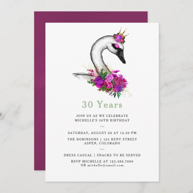 Any Age Watercolor Swan Floral Birthday Party Invitation (Front/Back)