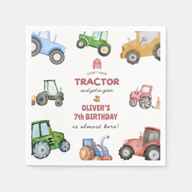 Any age Watercolor tractor birthday Napkin (Front)