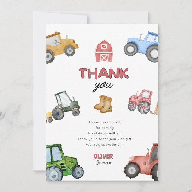 Any age Watercolor tractor birthday Thank You Card (Front)