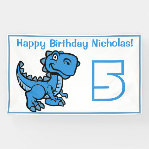Any Age White and Blue T Rex Dinosaur Birthday Banner